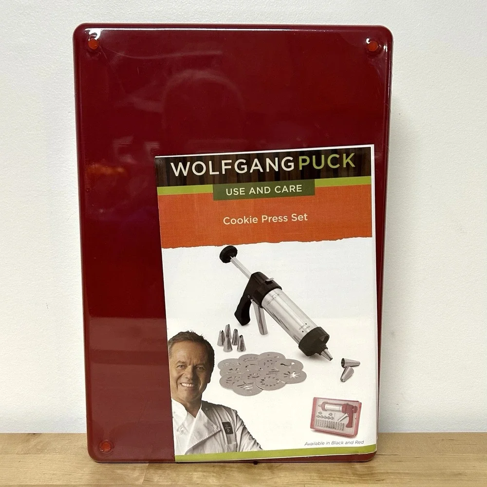 Wolfgang Puck Cookie Press Set Discs Tips Red Storage Box Holiday Baking Kit NEW